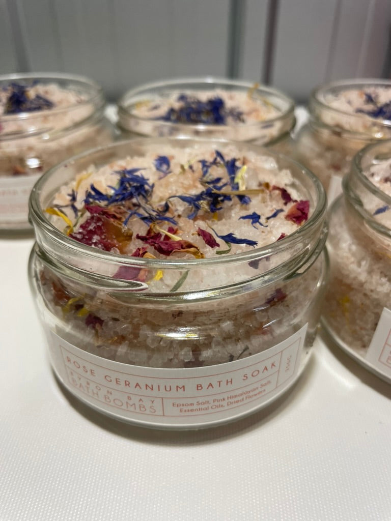 'THE BOMB' SALTY BATH SOAK - ROSE GERANIUM - Byron Bay Bath Bombs