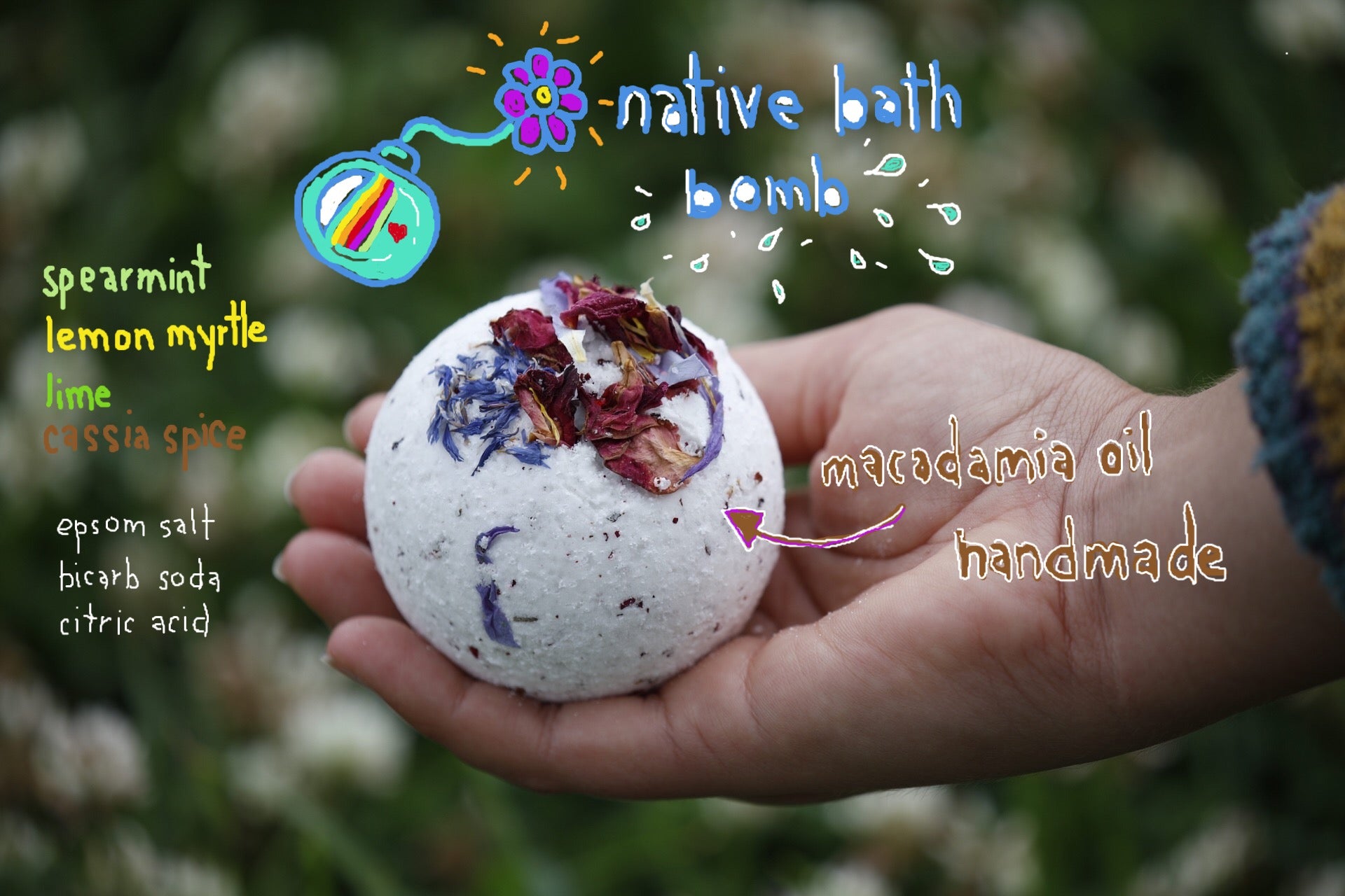 native organic cinnamon blue cornflower macadamia oil epsom salt citric acid bicarbonate soda cassia spice